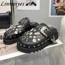 Slippers Black Thick Sole Women Genuine Leather Metal Decoration Flat Mules Shoes Lady Summer Comfort Modern Woman