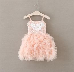 Girls beaded flowres party dress girl lace suspender tiered tulle tutu dresses kids pink princess clothing A9360204d5433945