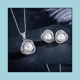 Earrings & Necklace Delicate Pearl Pendant Stud Set 9-10Mm Large Oblate Earring For Women Mom Anniversary Gift Jewellery High-Gloss Dro Dhkfh