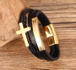 Punk Fashion Bangles Black Initial Stainless Steel Woven Handmade Leather Bracelet Charms Golden Mens Letter Jewelry19121049