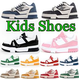 Designer Virgil Toddler Trainers Casual Kids Shoes Calfskin Leather Abloh Yellow Green Red Blue Letter Overlays Platform Low Sneakers Size 28-35