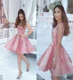 2018 New Dubai Blush Pink Homecoming Dresses vestidos V Neck Sleeveless A Line Autumn Graduation Dresses Beads Short Cocktail Gown1877172