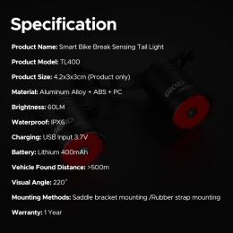 GEOID Bike Smart Tail Light USB Rechargeable IPX6 Waterproof Rear Light Auto-sensing Smart Brake Taillight