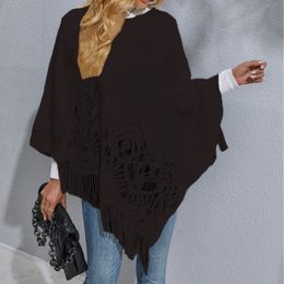 Women Winter Knitted Hooded Poncho Cape Elegant Female Crochet Fringed Tassel Shawl Wrap Oversized Pullover Cloak Sweater Warmer