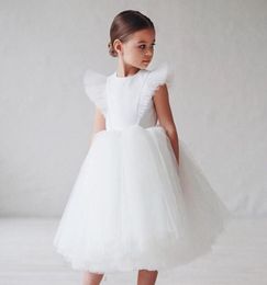Girl039s Dresses Ins Boho Child Girls White Bridesmaid Dress For Kids Flutter Sleeve Mesh Tulle Princess Flower Clothing Weddin6369566