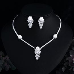 CWWZircons Top Shiny Cubic Zirconia Feather Pearl Drop Wedding Necklace and Earrings Festival Event Jewellery Sets for Women T734