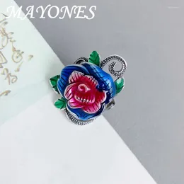 Cluster Rings 925 Sterling Silver Enamel Peony Ring For Women Vintage Colorful Flower Wide Opening Adjustable Retro Jewelry JZ120