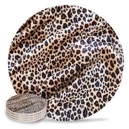 Table Mats Animal Brown Leopard Coasters Ceramic Set Round Absorbent Drink Coffee Tea Cup Placemats Mat