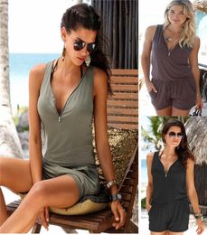 Solid Colour Veck Short Jumpsuits Waist Tie One Piece Sleeveless Top Rompers Siamese Trousers Beach Summer Women Clothes Drop ship 1446908