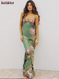 Casual Dresses Insta Cutout Backless Boho Floral Print Maxi Dress Summer Sexy Sleeveless Bodycon Spaghetti Strap Long Cocktail Party