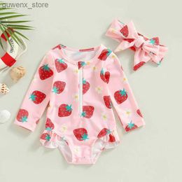 Endelar 6m-3t flickor badkläder Strawberry Print dragkedja Jumpsuit baddräkt och pannband strandkläder badkläder flickor söta bikini strandkläder y240412