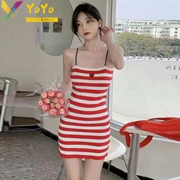 Casual Dresses Sexy Stripe Love Knitted Spaghetti Strap Pencil Dress For Women's 2024 Fashion Elegant Slim Bodycon Nightclub Sweater