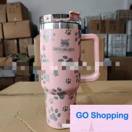 Top New 40Oz Handle Footprints Car Cup Stainless Steel 304 Vacuum Cups with Straw Car Cold-Keeping Ice Cream Cups