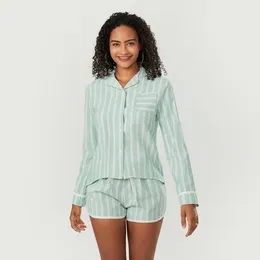 Home Clothing Long Sleeve Button Down Striped Print Shirt Tops Drawstring Shorts Summer Sleepwear Sets Women 2 Piece Pyjama Set