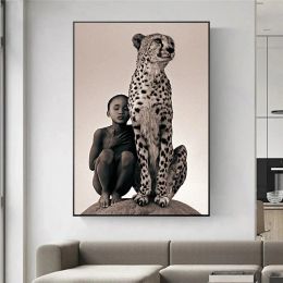 Modern Wild African Animal Boy And Cheetah Posters And Print Canvas Painting Wall Art Picture for Living Room Home Decor Cuadros