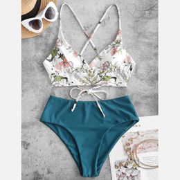 Women Split Swimsuit Flower Print Beachwear Sexy Halter Two Piece Tankini Set Plus Size Swimwear Beach Swimming Suit Biquini