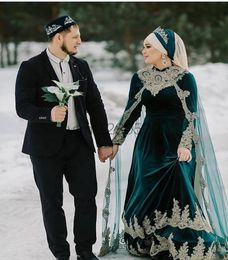 Muslim Teal Wedding Dresses With Wrap Long Sleeve Jewel Sweep Train Velvet Appliques Chapel Garden Bridal Gowns vestidos de novia 5265910