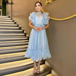 Party Dresses Bafftafe Sky Blue Organza Short Prom Women Pleated Cap Sleeves Special Evening Gowns A Line Midi Formal Dress