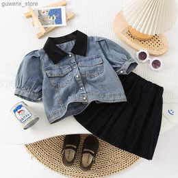 Clothing Sets 2024 Kids Girls Fashion Summer Denim Lapel Short-sleeved Coat Shirt Tops + Pleated Skirt Cool 2pcs Clothing Sets Y240412