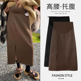 3708# Autumn Winter Dense Woolen Maternity Skirts Side Splits Belly Pencil Bottoms Clothes For Pregnant Women Pregnancy