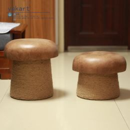 Solid Wood Living Room Mushroom Step Stool Hemp Rope Knitted Low Stool Versatile for Dressing Changing Shoes Decor Furniture