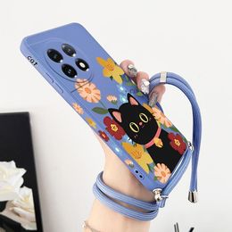 Lucky Cat Crossbody Lanyard Silicone Phone Case For Oneplus 11 11R 10R 10T 10 Pro 9 9R 9RT 8T 8 8 Pro Cover