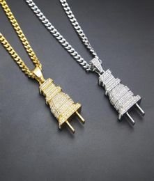 Iced Out Bling Men Micro Pave Full Rhinestone Plug Pendant Necklace Gold Silver Plated Charm Cuban Chain Hip Hop Jewelry261g4555295