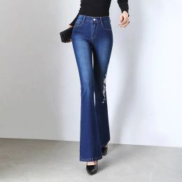 Embroidery Flare Jeans Elasticity Bell-Bottoms for Women Light Blue Trousers Large Size Female Casual Denim Pants N37