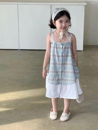 Girl Dresses 2024 Styles Girls Plaid Vest Dress Sleeveless Summer Fashion Kids Clothes 1-8 Years