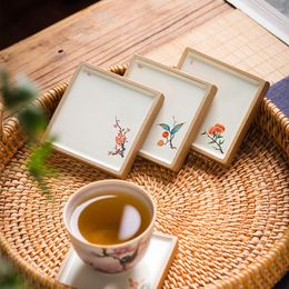 Tea Trays Lotus Lychee Design Hand Printed Retro Ceramic Cup Pad For Teacup Mug Square Home Office Teahouse Mini Bowl Tray