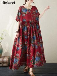 Casual Dresses Oversized Summer Long Flower Print Dress Women Ruffle Pleated Fashion Bohemian Style Ladies Loose Woman