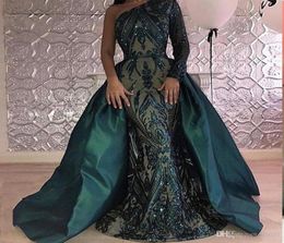 Luxury Dark Green Evening Dresses One Shoulder Zuhair Murad Dresses Mermaid Sequined Prom Gown With Detachable Train Custom Made7789807