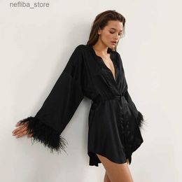 Sexy Pyjamas Feather Bathrobes Satin y Mini Dress Long Sleeve Loose Peignoirs For Women Robe White Wedding Dress Black Bride Dresses L410