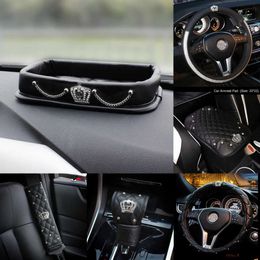 New Universal PU Leather Steering Wheel Cover Bling Rhinestone Car Interior Decro with Crystal Crown Accessories Black