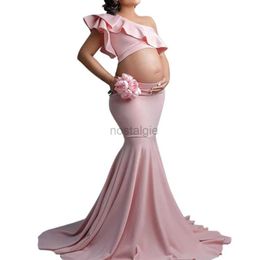 Maternity Dresses Hot Maternity mermaid tail Skirt Set For Photography one shoulder Ruffles crop top Pregnancy Photography Props trumpet Skirt set 24412