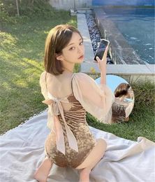 Women's Swimwear Velvet One Piece Swimsuit Women Solid Long Sleeve Monokini Push Up Swim Suit Korea Ins Mesh Bathing Pad Belt Skirt