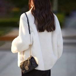 Autumn Winter Women Mink Cashmere Coats Fluffy Faux Fur Stand Collar Coat Elegant Thick Warm Faux Fur Jackets For Women Tops