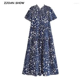 Party Dresses 2024 BOHO Navy With White Small Flower Print Midi Dress Women Elastic Ruched Shoulder Spliced Ruffle Hem Swing Holiday Cake