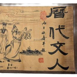 Decorative Figurines Chinese Old Picture Paper "Figure Painting " Long Scroll Drawing Lidaiwenren
