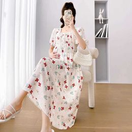 Maternity Dresses Green Pink Floral Dress for Maternity Puff Sleeve Fashion Printing Pregnant Woman Chiffon Dress Pregnancy Holiday Clothes Sweet 240412