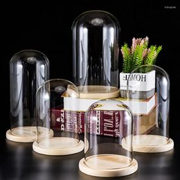 Decorative Plates Figure Glass Display Box Immortal Flower Cover Cloche Dome With Solid Wood Base Office Home Table Top Decoration