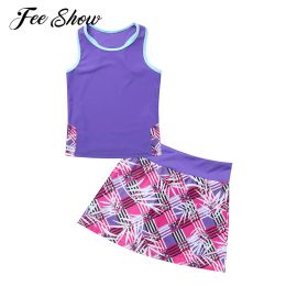 Shorts Kids Tennis Skirt Set for Girls Children's Clothing Sport Suit Racer Back Top Builtin Shorts Set Running Gym Fitness Sportswear