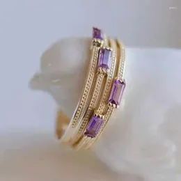 Cluster Rings Original Design Geometric Purple Stone Opening Adjustable Ring Exquisite Light Luxury Charm Women's Brand Silver Jewelry