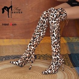 Boots Fashion Leopard Print Over Knee Nightclub Pointed Toe Women Shoes Autumn Winter Thigh High SM Fetish Stiletto Heels