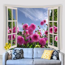 Tapestries Outside Window Landscape Tapestry Pink Roses Sunshine Flowers Green Plants Home Decor Big Hippie Wall Hanging Blanket