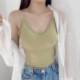 Camisoles & Tanks Summer Y2K Lace Crop Tops Women Seamless V-neck Knitted Striped Camisole With Paded Bras Korean Fashion Solid Colour Tank