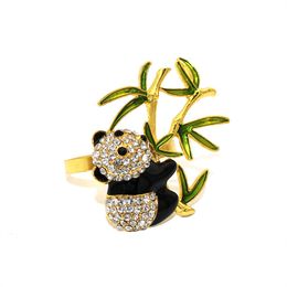 8Pcs Cute Panda Bamboo Napkin Ring Rhinestone Napkin Holder Ring for Wedding Valentine's Banquet Christmas Birthday Thanksgiving