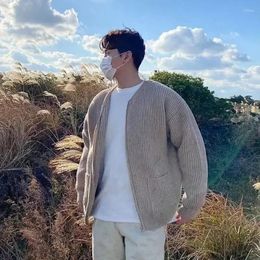 Men's Sweaters Knitted For Men Zip-up Crewneck Man Clothes Zipper With Pockets Cardigan Plain Round Collar Solid Colour Korean Autumn X
