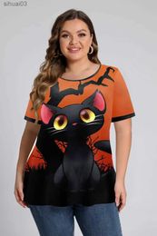 Women's T-Shirt Plus Size Women Black T shirt Casual Round Neck Tshirt Femme Tops Cats Graphic Print Kawaii Clothing Ladies T-shirtL2403