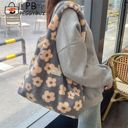 Women Printed Top-Handle Bag Large Capacity Plush Floral Sling Bag Vintage Contarst Color Female Daily Outdoor Bag